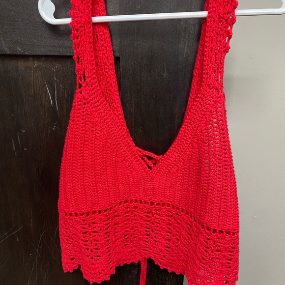 Red, size medium, crocheted tank top, laces up the back - Picture 3 of 3